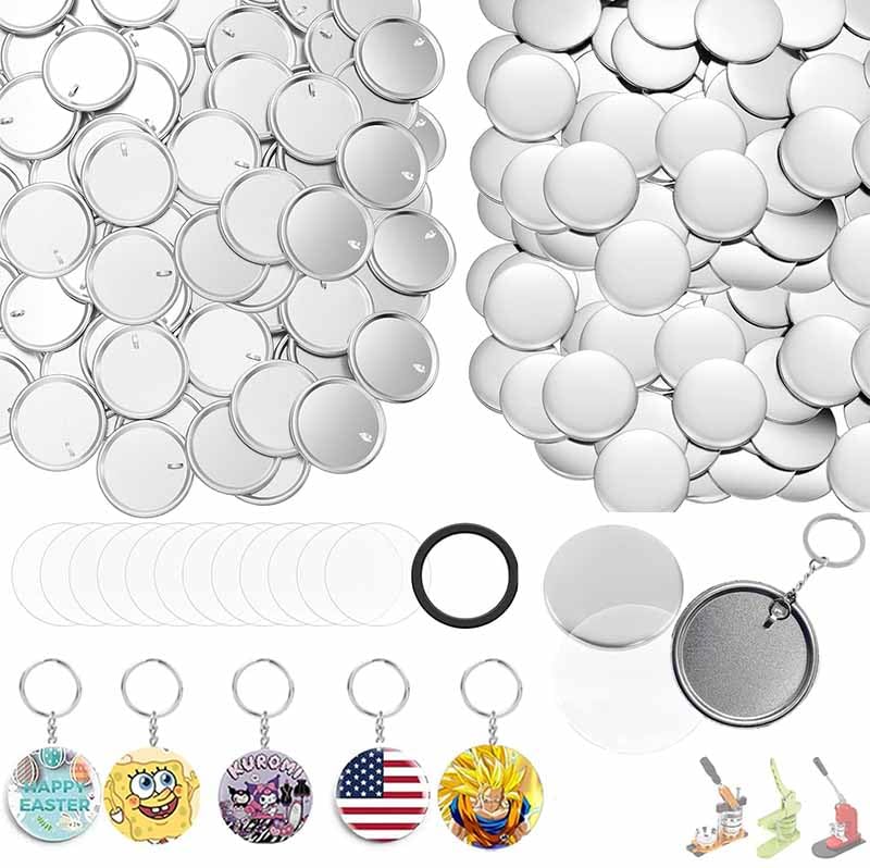 50 Piece Button Machine Keychain Supplies, 58mm/2.25 inch Pin Making Kit for Button Maker Machine, Metal Button Badge Sets with Metal Shell Back Cover, Transparent Film and Chain Head