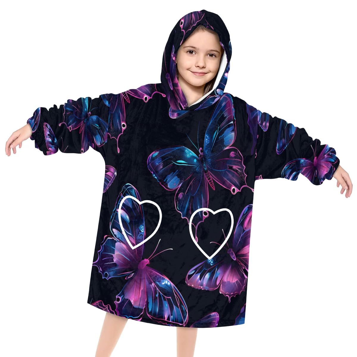 Wearable Blanket Hoodie for Kids, Sylvan butterfly Fleece Sweatshirt Blanket Oversized Blanket Sweatshirt with Pocket Flannel Warm Hooded Blanket 6-10 Year Old Girl Boy Gift, One Size