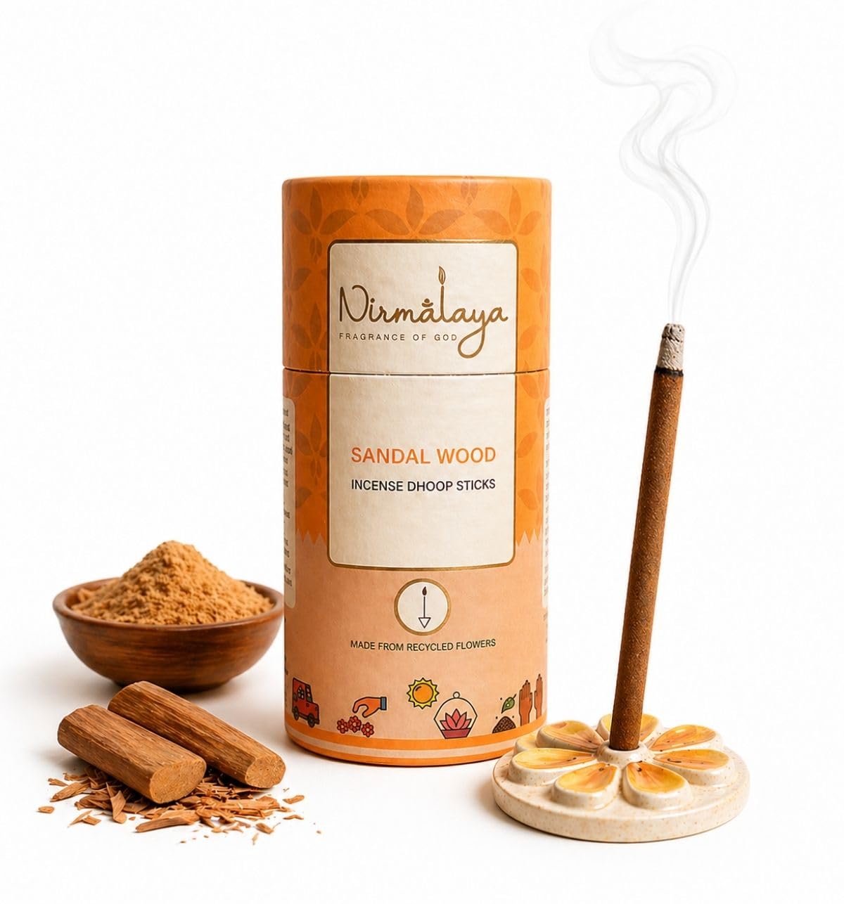 Nirmalaya Premium Sandalwood (Chandan) Bambooless Dhoop Sticks (40 Sticks) with Ceramic Stand Sacred Temple Flower | 100% Charcoal-Free | for Pooja, Meditation, Yoga & Home Fragrance