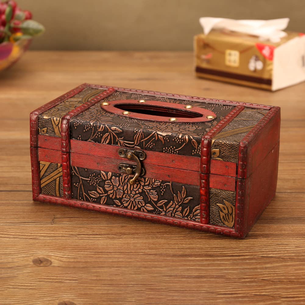 Surakey Retro Wooden Antique Tissue Box Cover Rectangular Tissue Holder Napkin Holder Dispenser Paper Cover Case for Bathroom Living Room Office Car Kitchen Home Decor, Type 1