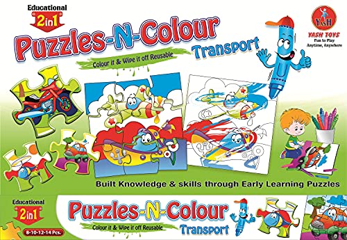 Educational Transport Puzzle-N-Colour 2 In 1,Reusable Fun Activity For Kids, Colour It And Wipe It Off! (Transport)