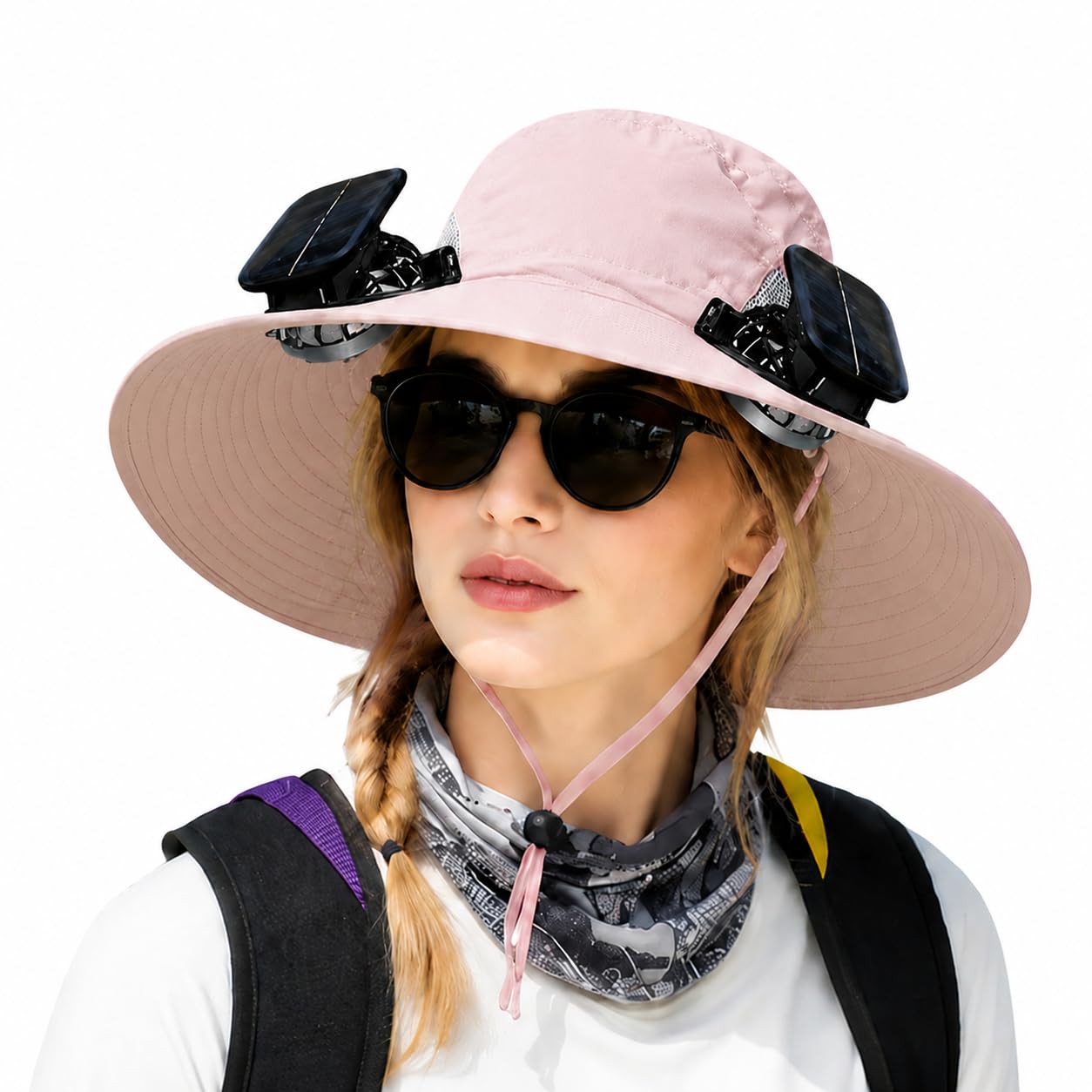 JSMDLN Solar Powered Fan Hat for Women,Wide Brim Hat with 2 Fans,Waterproof + Breathable,for Shopping CampingBeach
