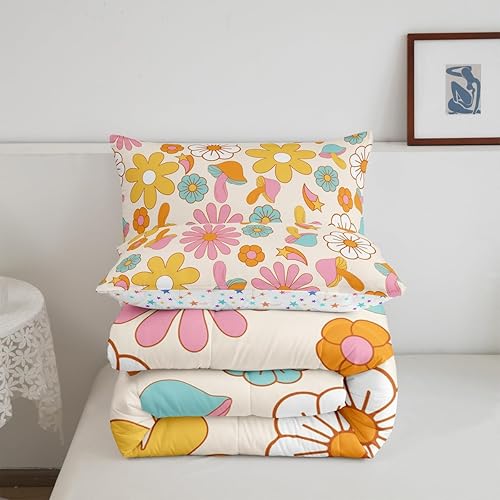 Miniatura 6 de Feelyou Juego de edredón retro de flores hippie para niñas y niños, tamaño individual, bonito edredón decorativo de hongos, decoración de