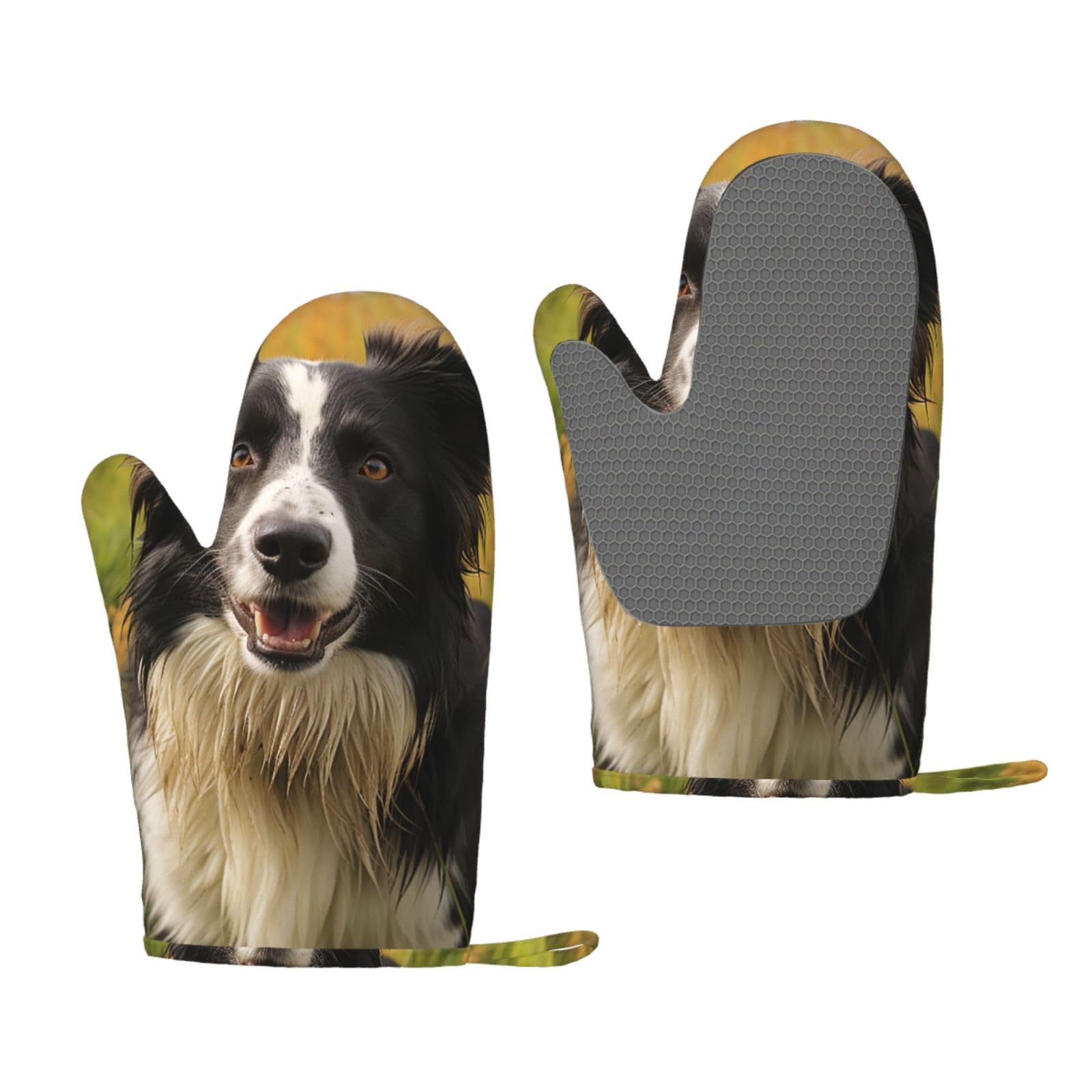 Oven Mitts Sets of 2 Heat Resistant Kitchen Gloves Mohado Border Collie Dog Oven Mitts BBQ Oven Gloves Non-Slip Silicone Oven Mitts Waterproof Cooking Safety Gloves for Kitchen Baking Cooking