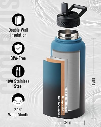 Miniatura 3 de Coolplus Botella de agua de 32 onzas aislada, frasco de agua de acero inoxidable con pajilla, de metal de doble pared al vacío con funda de