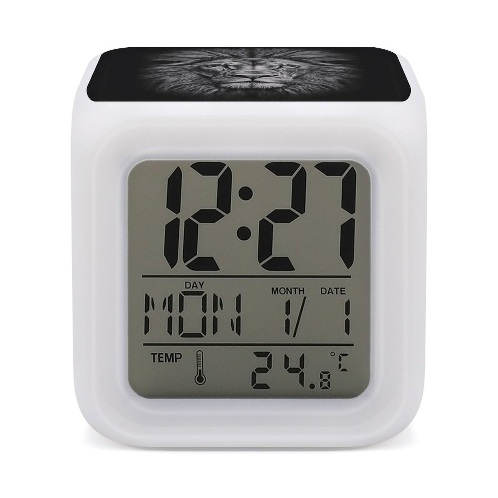 VstaDank Black and White Lion Head Alarm Clock Sleep Trainer 7 Color Changing Night Light Modern Touch Bedside Lamp Fashion Digital Clock with Temperature Display Wake Clocks for Loud Alarm