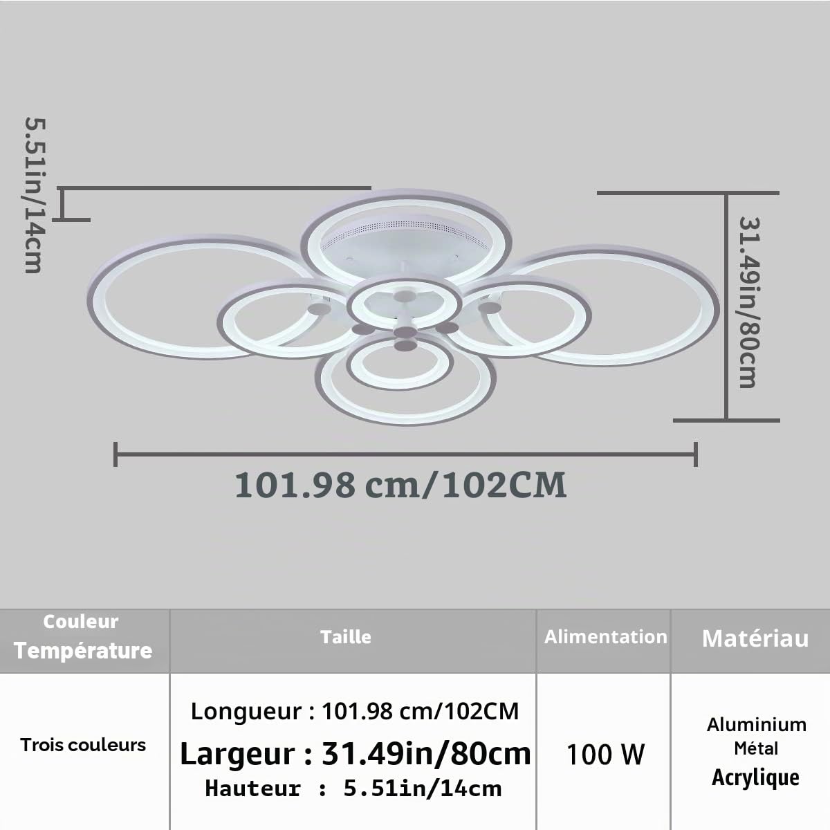 Ganeed Plafonnier LED Dimmable 100W Acrylique Télécommande 8 Anneaux
