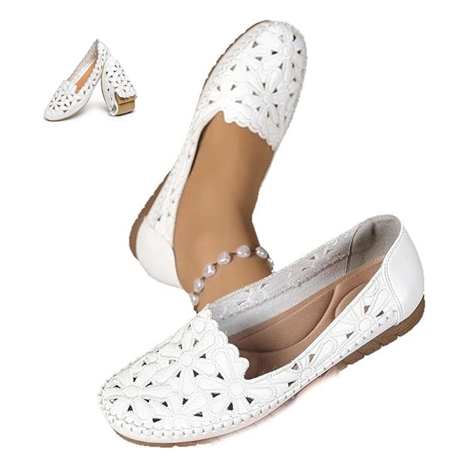 Mocasines planos para mujer, diseño floral, huecos, transpirables, ligeros, ortopédicos, sin cordones, zapatos de ballet anchos ortopédicos, White, 39.5 EU