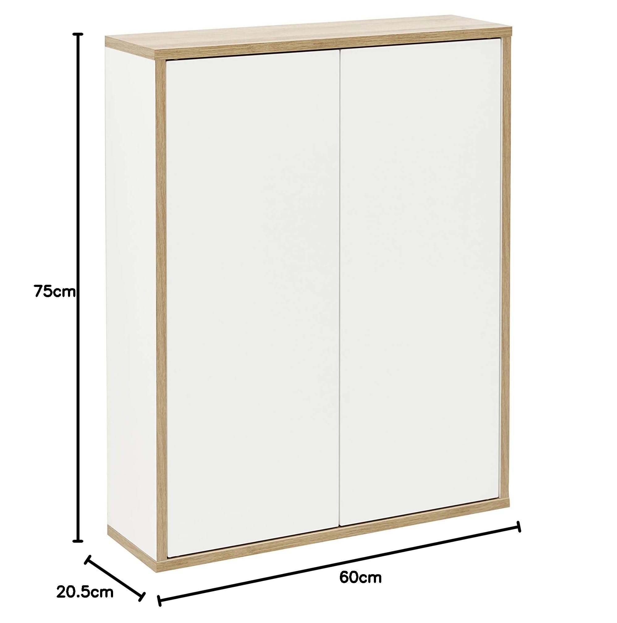 FACKELMANN Finn Hängeschrank Weiß im Retrostil, 60 cm breit, mit Push-to-Open Technik und Rahmendekor in Eichen-Optik, ideal für kleine Bäder und Gäste WCs