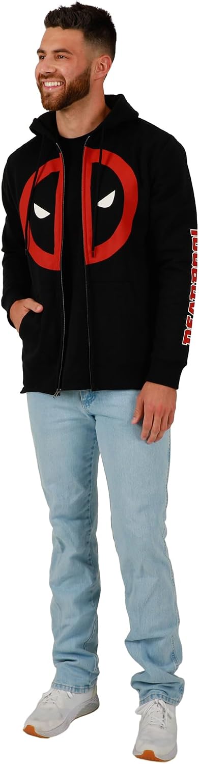 Bioworld Marvel Deadpool Mask Logo Long Sleeve Unisex Adult Zip-Up Hoodie-Small, Black