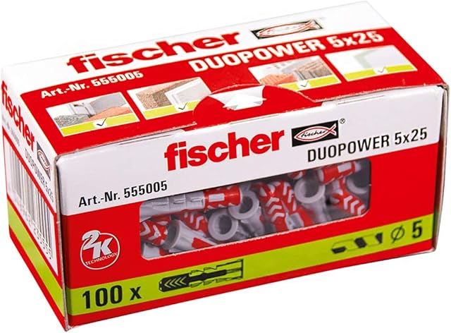 fischer 555005 DUOPOWER Wallplug,Red/Gray,5 x 25 mm