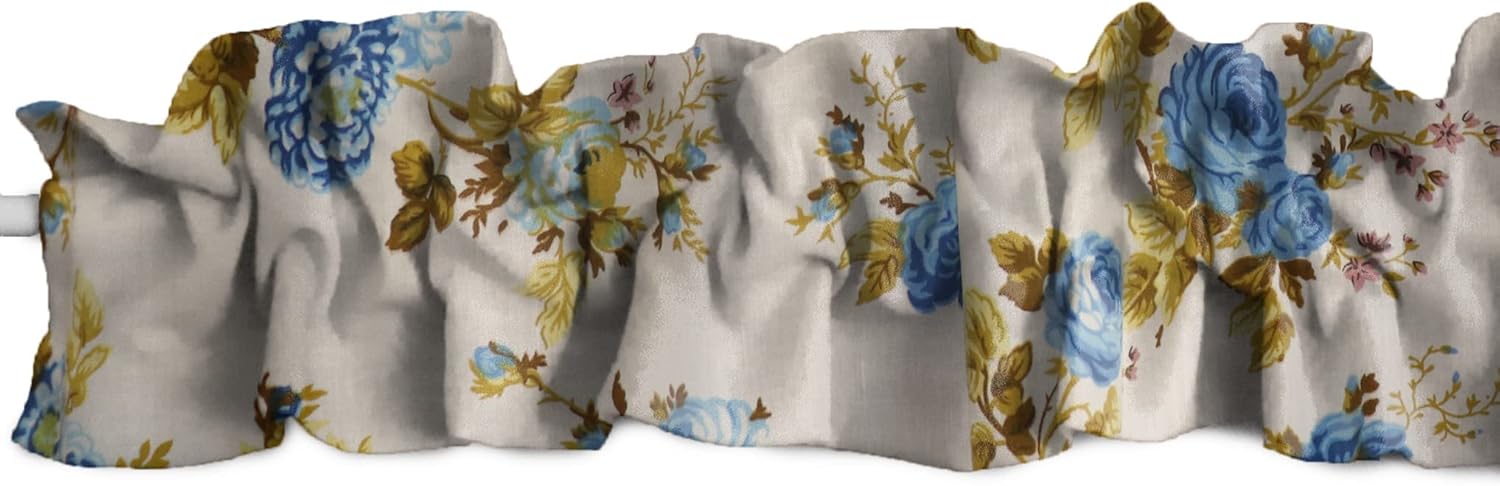 Zen Creative Designs Cotton Vintage Floral Roses Print Sleeve Topper Window Valance Top Bottom Ruffle Home Décor Bedroom Nursery Kitchen Window (144" Wide x 9" Tall, Blue on White)