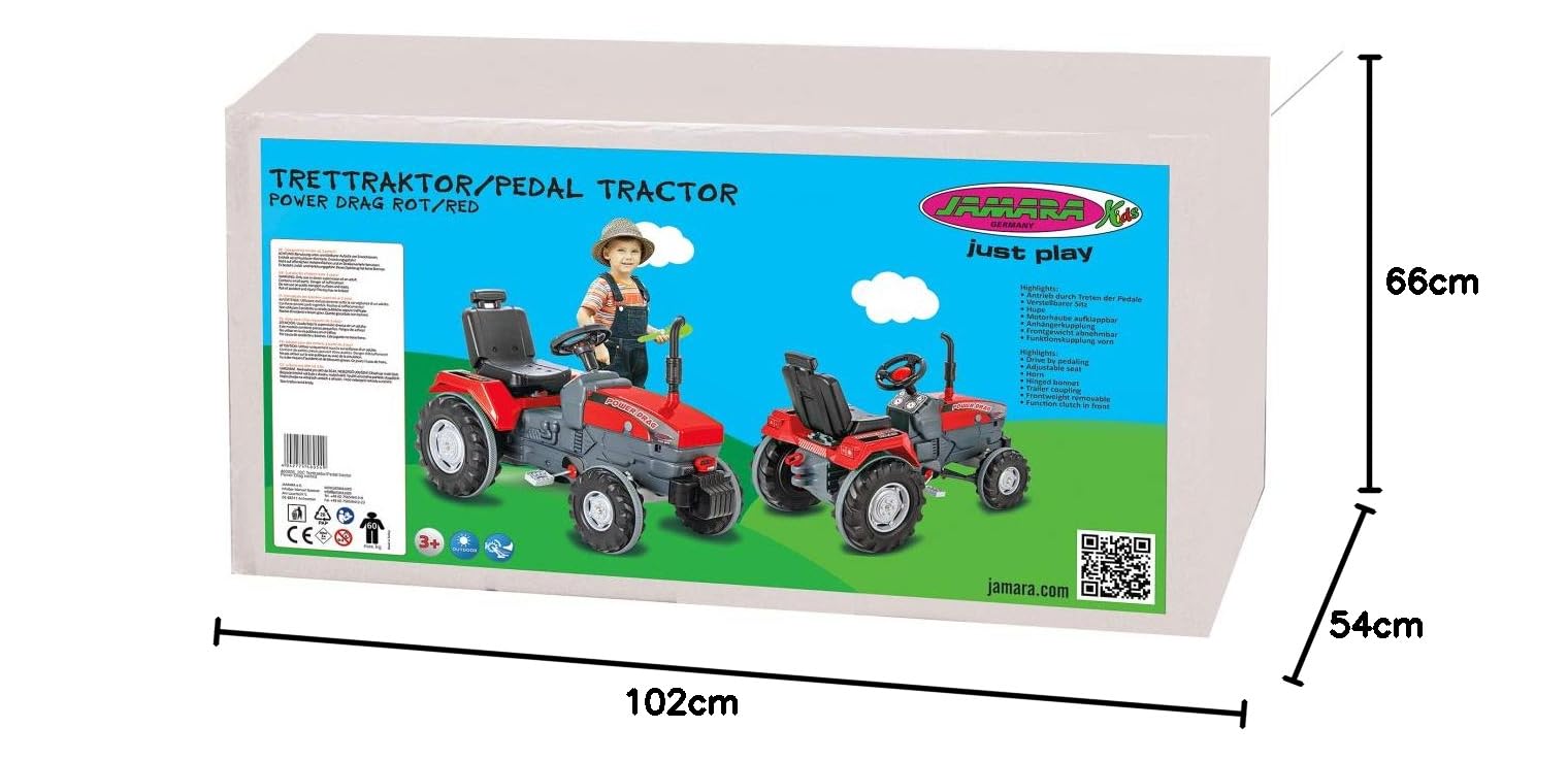 Trettraktor Power Drag - Kippschutz, Hupe, Verstellbarer Sitz Motorhaube aufklappbar, Anhängerkupplung, Antrieb durch Treten der Pedale