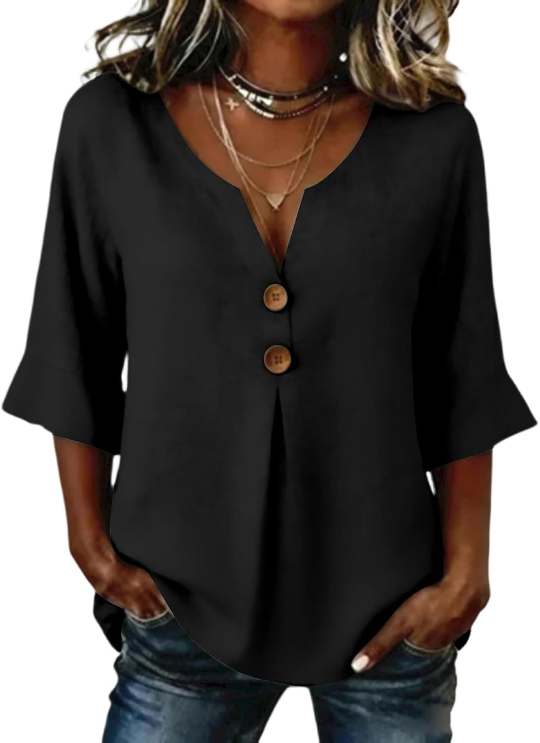Women’s V Neck Button Loose Fit Three Quarter Sleeve Blouse Casual Solid Pullover Top for Daily Wear