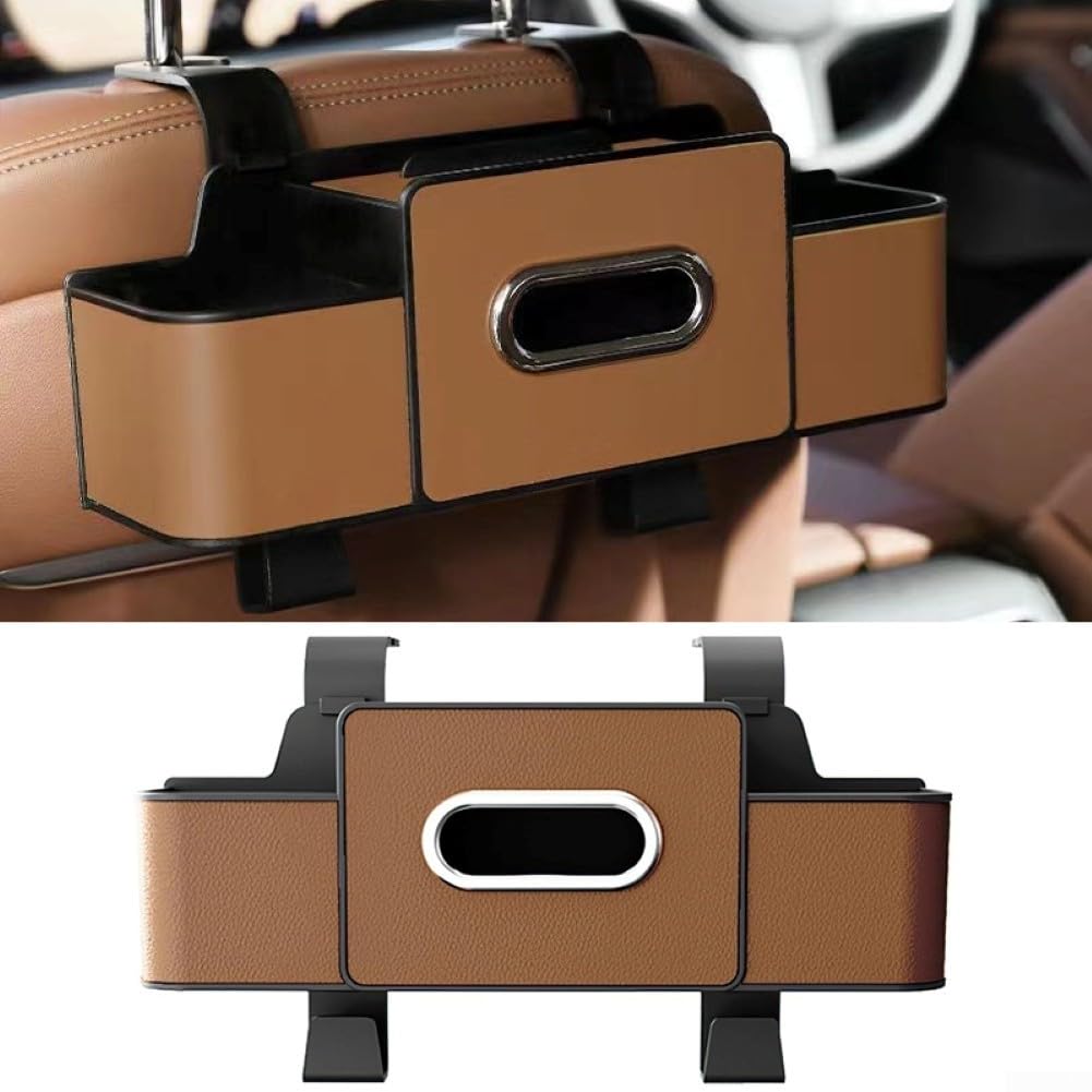 Organizador trasero de asiento de coche con caja de pañuelos y ganchos para almacenamiento de gafas de sol, cargadores, bolsas hechas de cuero y material ABS en color naranja (marrón)