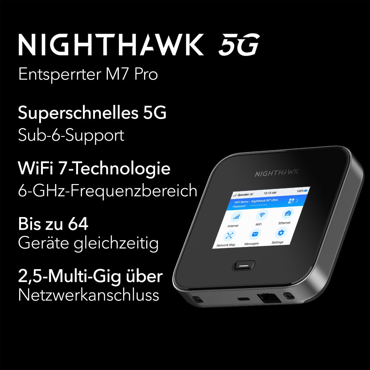NETGEAR Nighthawk M7 Pro Mobiler Hotspot-Router 5G, entsperrt, Internationales Roaming in 125 Ländern, WiFi 7, tragbares Gerät für Reisen, 13 Stunden Akkulaufzeit (MR7450)