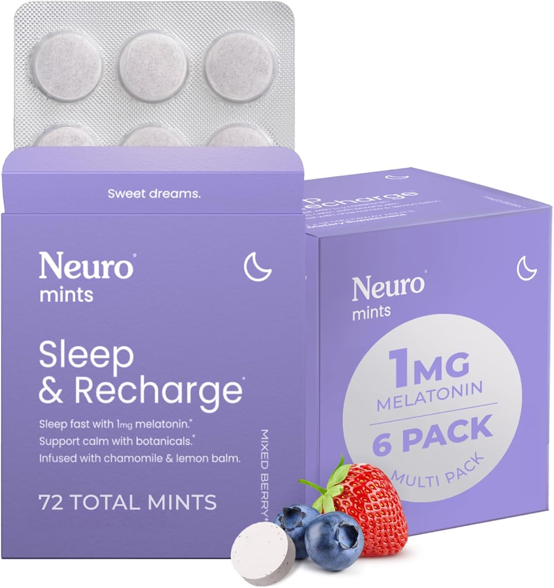Neuro Sleep & Recharge Meltaway Mints - Contains Melatonin 1 mg, Chamomile & Elderberry - Travel Aid for Nighttime Relaxation & Healthy Sleep Cycle - Mixed Berry, 72 ct