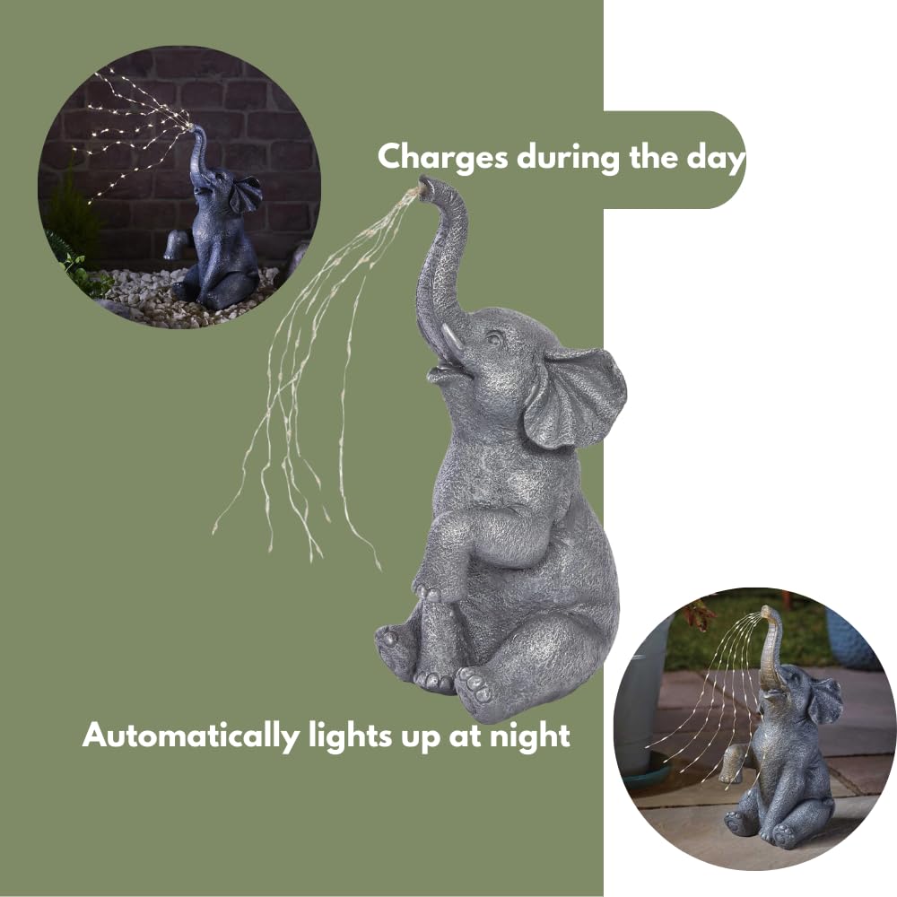 Garden Mile Estatua grande de elefante de jardín con cadena de luces solares – Al aire libre resistente a la intemperie, resina de riego de resina con luces LED solares para patio, balcón, regalo de