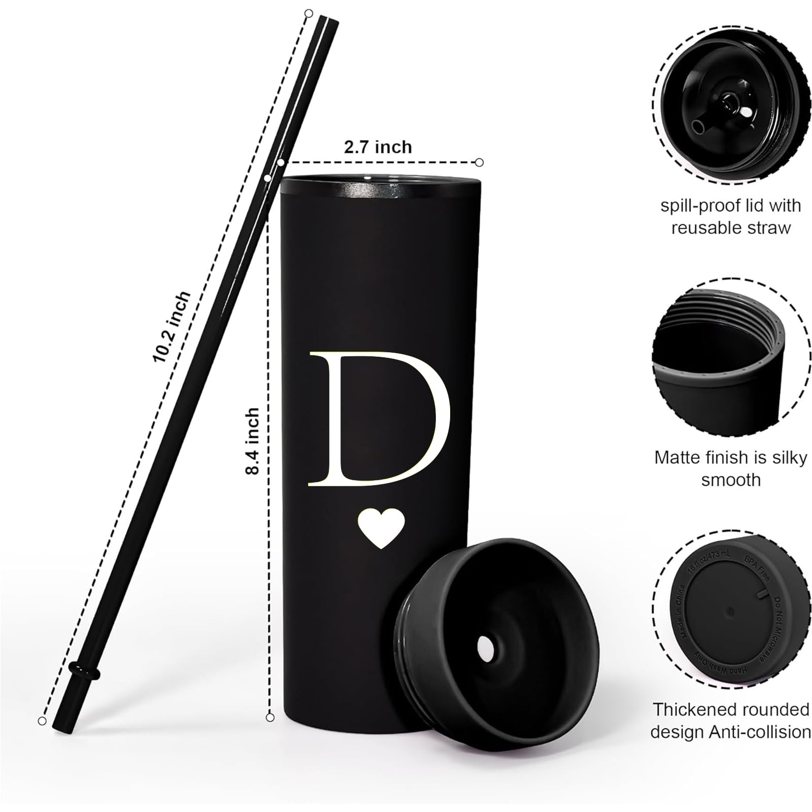 Forest Kiss Letter D Personalized Initial Gifts for Women Men 16oz Double Wall Food-grade Plastic Skinny Tumbler Monogrammed Matte Slim Cup Wedding Graduation Birthday Present (D)