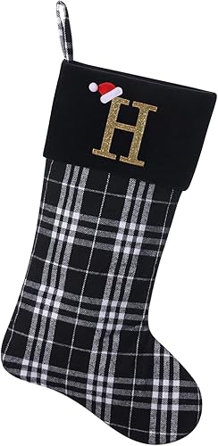 Calcetines de Navidad personalizados con monograma inicial, adornos colgantes, medias clásicas de cuadros negros de 19 pulgadas, decoraciones de