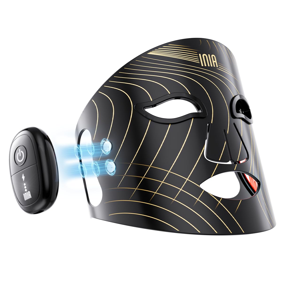 INIA Glow Máscara LED Facial Inalámbrica, Luz Roja, 4 Modos de Luz | Luz Roja, Amarilla y Azul, Inalámbrica y Portátil, Recargable, Diseño Ergonómico, Uso en Casa y Viajes, Negro