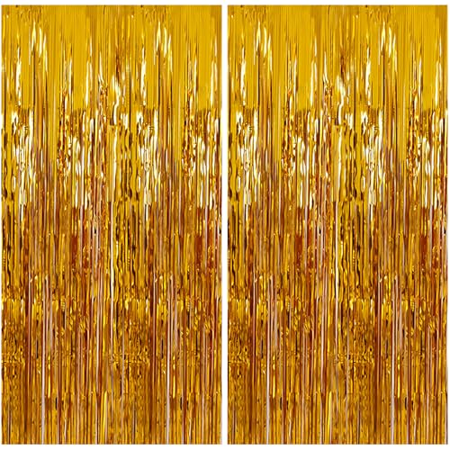 2 Pack Gold Tinsel Backdrop, 3.28ft X 6.56ft Foil Fringe Curtain, Fringe Backdrop for Party Decorations, Birthday, Christmas, New Years Eve, Photo Booth, Bachelorette, Door Streamers