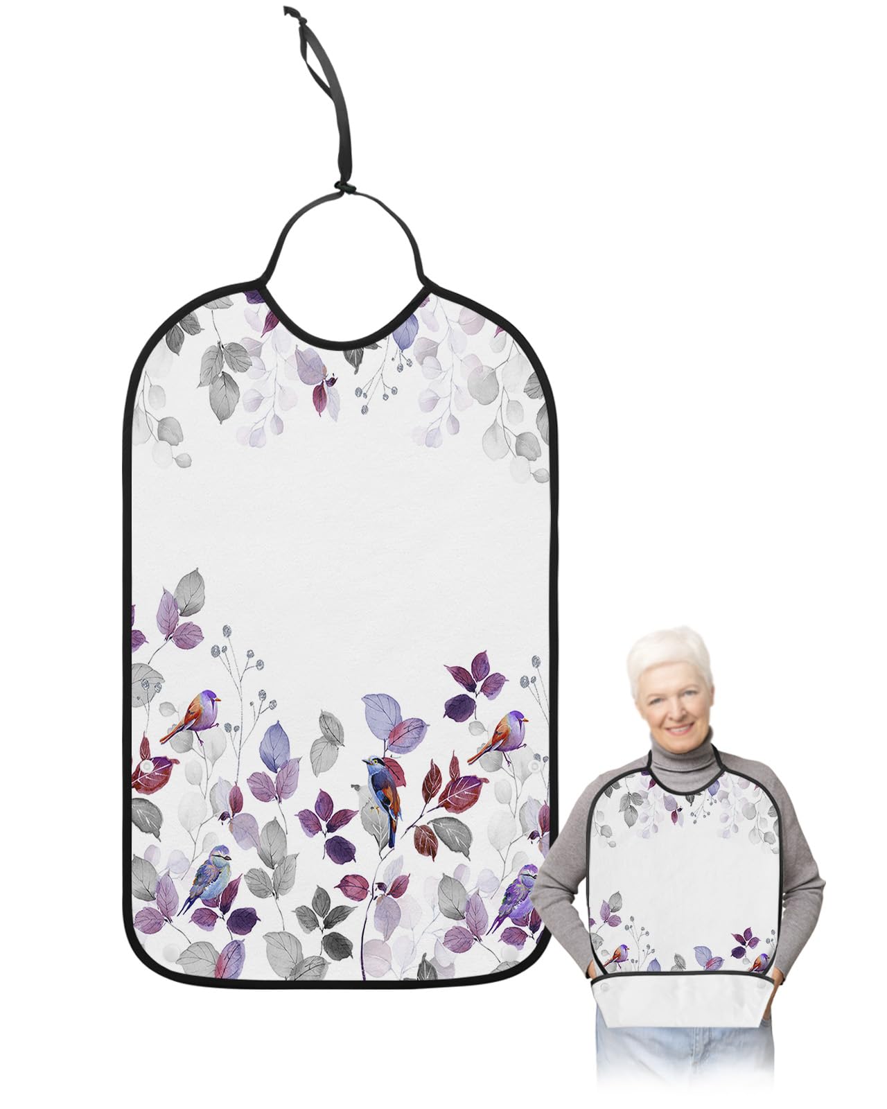 LEOKOTI Purple Grey Botanical Adult Bibs for Eating, Waterproof Bibs with Food Catcher & Adjustable Snap Closure, Pastoral Farmhouse Leaf Birds Washable Clothing Protectors Adult Bibs for Elderly