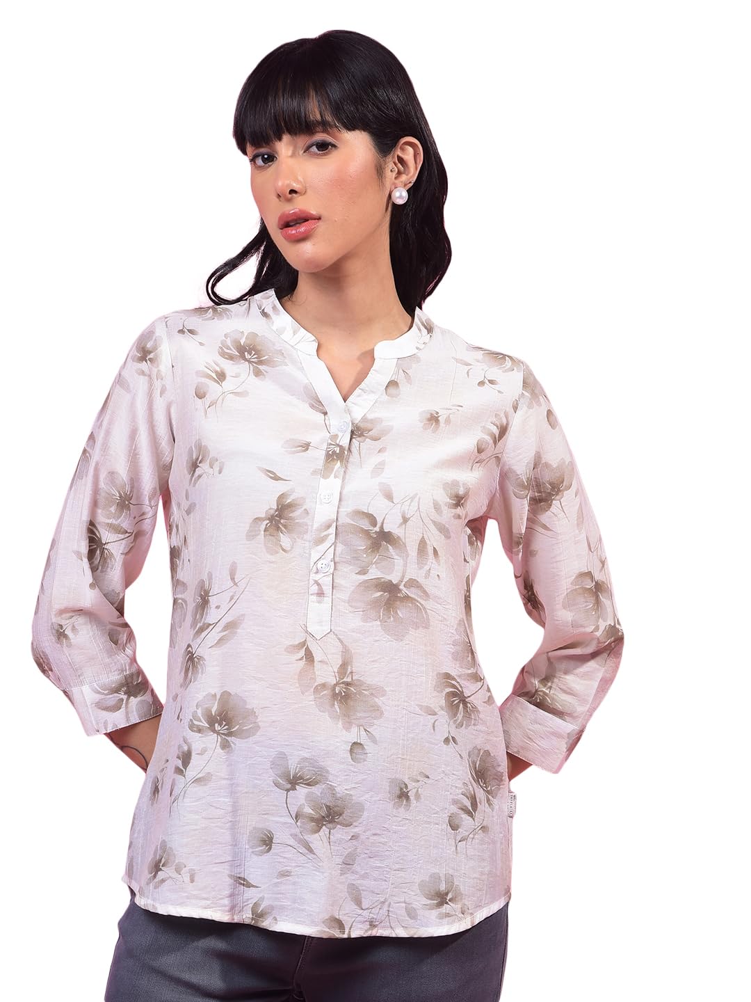 crimsoune club Women's Off White Floral Print V-Neck 3/4th Sleeves Top-picture-33
