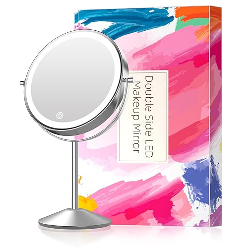 Espejo de tocador de maquillaje con luces LED recargable de doble cara de 8 pulgadas aumento de 10X iluminación de 3 colores espejo cosmético