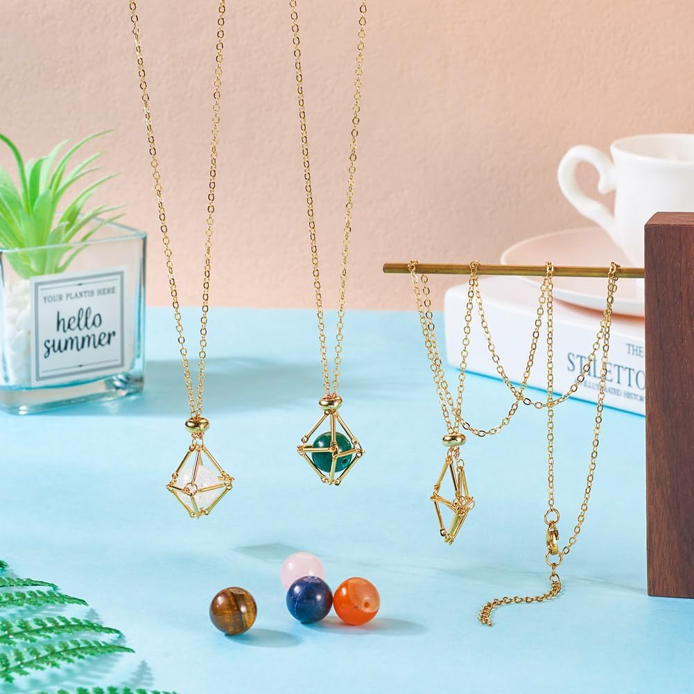 FASHEWELRY 3pcs Adjustable Stone Holder Necklace 19.49 Inch 304 Stainless Steel Golden Crystal Empty Gemstone Cage Necklace Chain with 6pcs Round Stone Beads for DIY Jewelry Making - Image 2