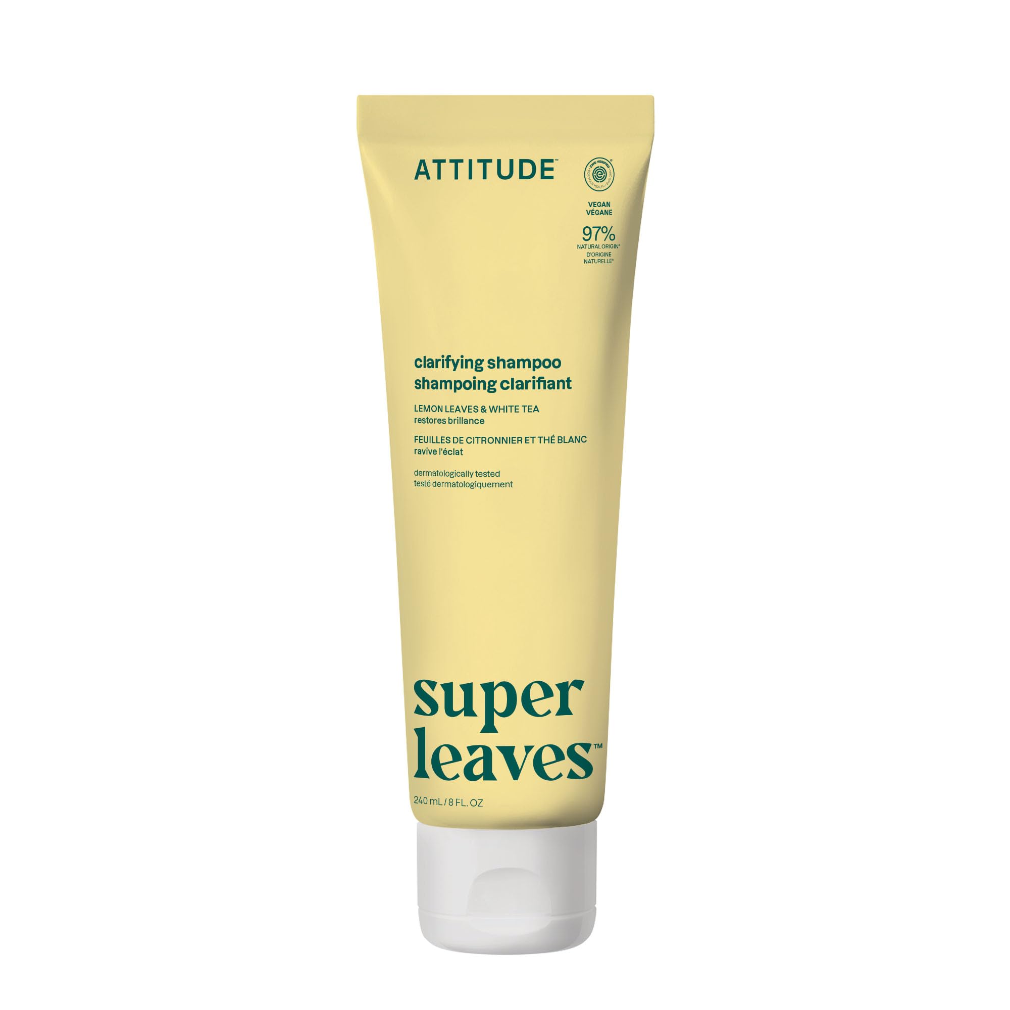 ATTITUDE Shampooing Clarifiant, Redonne de la Brillance, Feuilles de Citronier et Thé Blanc, Végan, Ingrédients d’Origine Naturelle, Certifié EWG, Végan, 240 mL