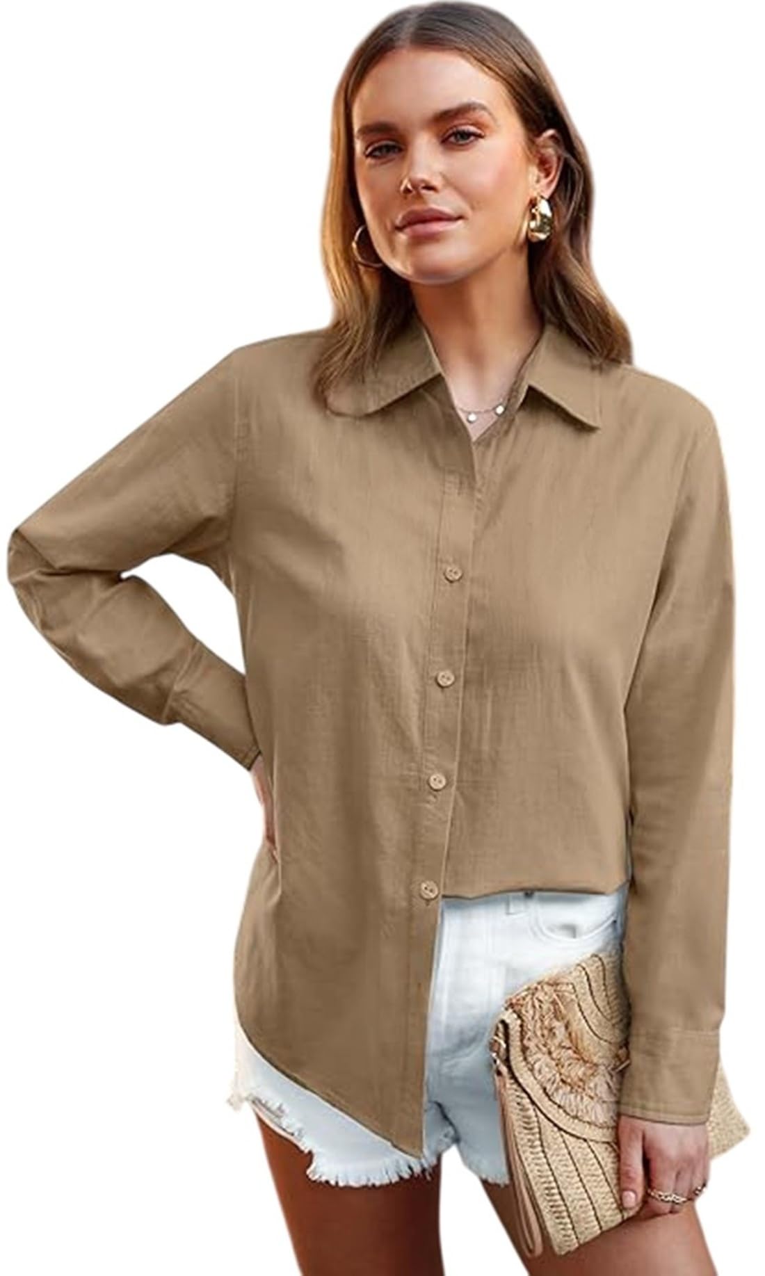 ADBUCKS Long Sleeve Button-Up Linen Shirt - Casual Solid Color, Comfortable & Stylish for Spring, Fall, and Winter, Relaxed Fit Blouse | Stylish Long Sleeves (in, Alpha, M, Light Brown)