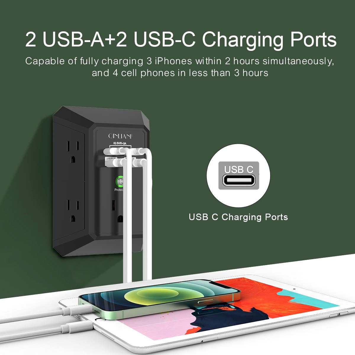 USB Wall Charger, Surge Protector, QINLIANF 5 Outlet Extender with 4 USB Charging Ports(2U2C) 3-Sided 1680J Power Strip Multi Plug Outlets Wall Adapter Spaced for Home Travel Office,Black - 5