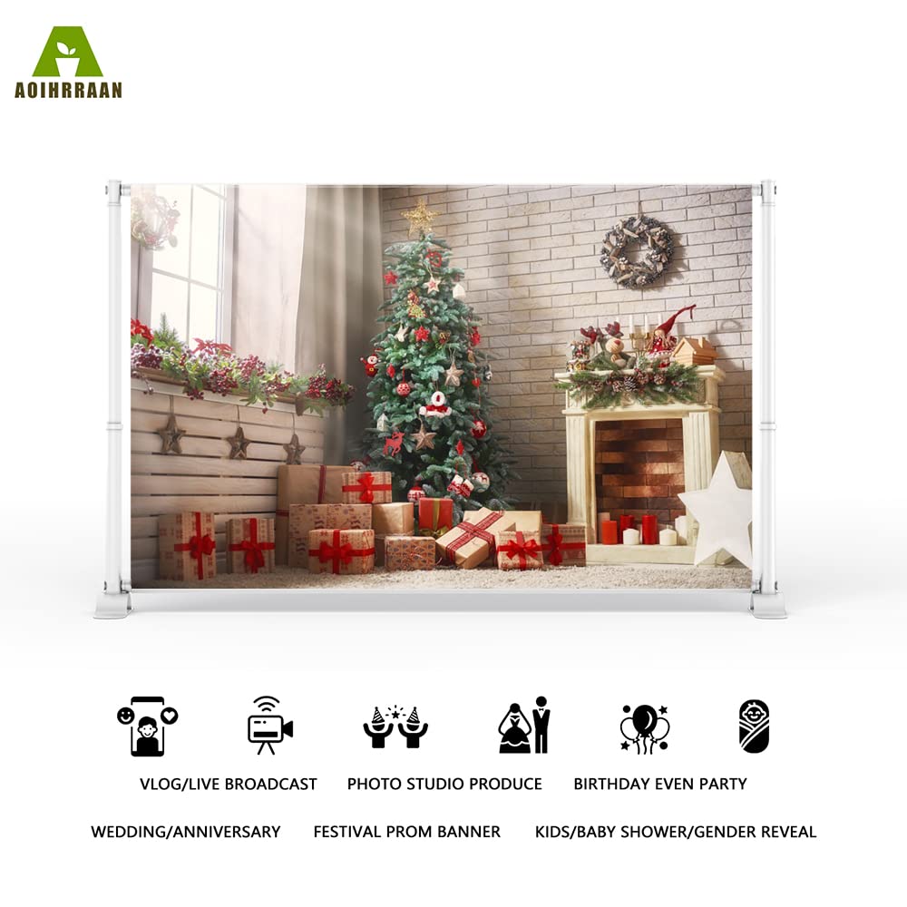 Aoihrraan 3x2m Navidad Telón De Fondo ?rbol Navidad Sol Ventanas Chimenea Regalos Rojos Corona Marrón Pared Ladrillo Rústico Fondo Fotografía Ni?os Adultos Retrato Familiar Accesorios Estudio Foto