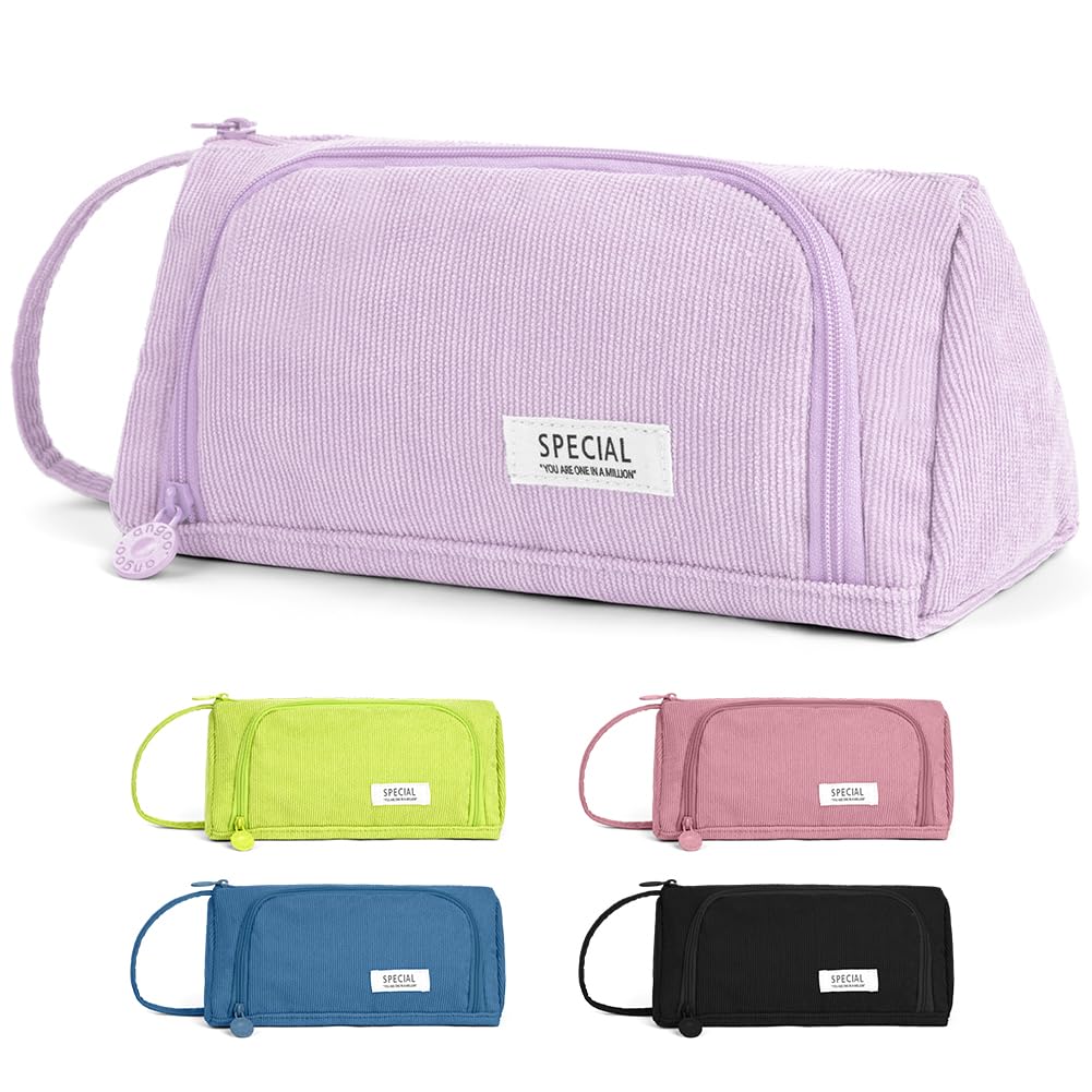 APXEL Federmäppchen Cord-Stoff, Federtaschen Mädcchen große Mäppchen mit 2 Fcächer Tragegriff Stiftetasche Bleistift Beutel Federmäppchen Pencil Case für Schule Teenager Büro, Lila