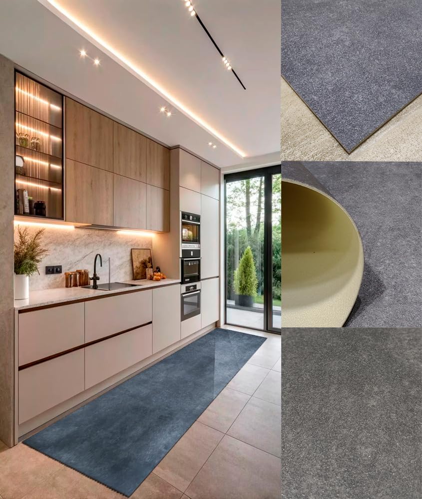 Tapis en PVC uni Gris Effet Ciment - Tapis Long pour Couloir, Chemin, Cuisine et Nettoyage Facile - 65 x 300 cm/Gris