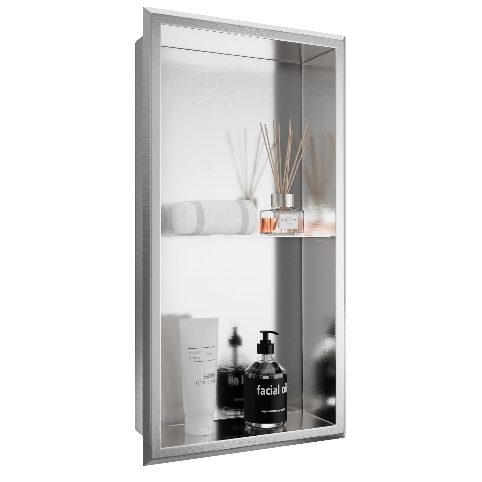Agabok Shower Niche, 12" x 24" Bathroom Niche Brushed Nickel, Two-Tier Wall Niche, No Tile Needed Wall Insert Double Shelves Organizer, Stainless