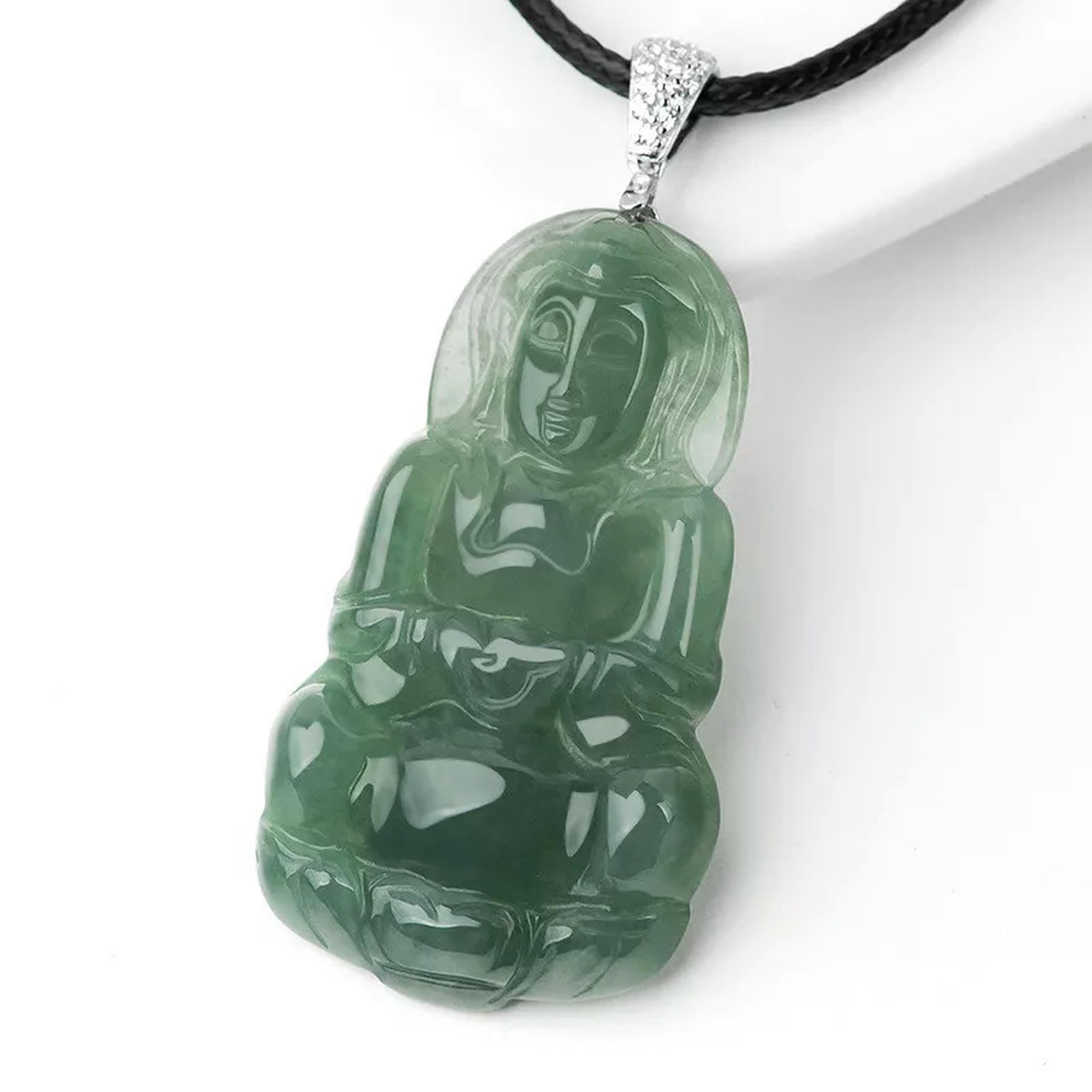 Natürliche Jade Öl Blau Guanyin Anhänger S925 Silber Schnalle Leder Seil Halskette
