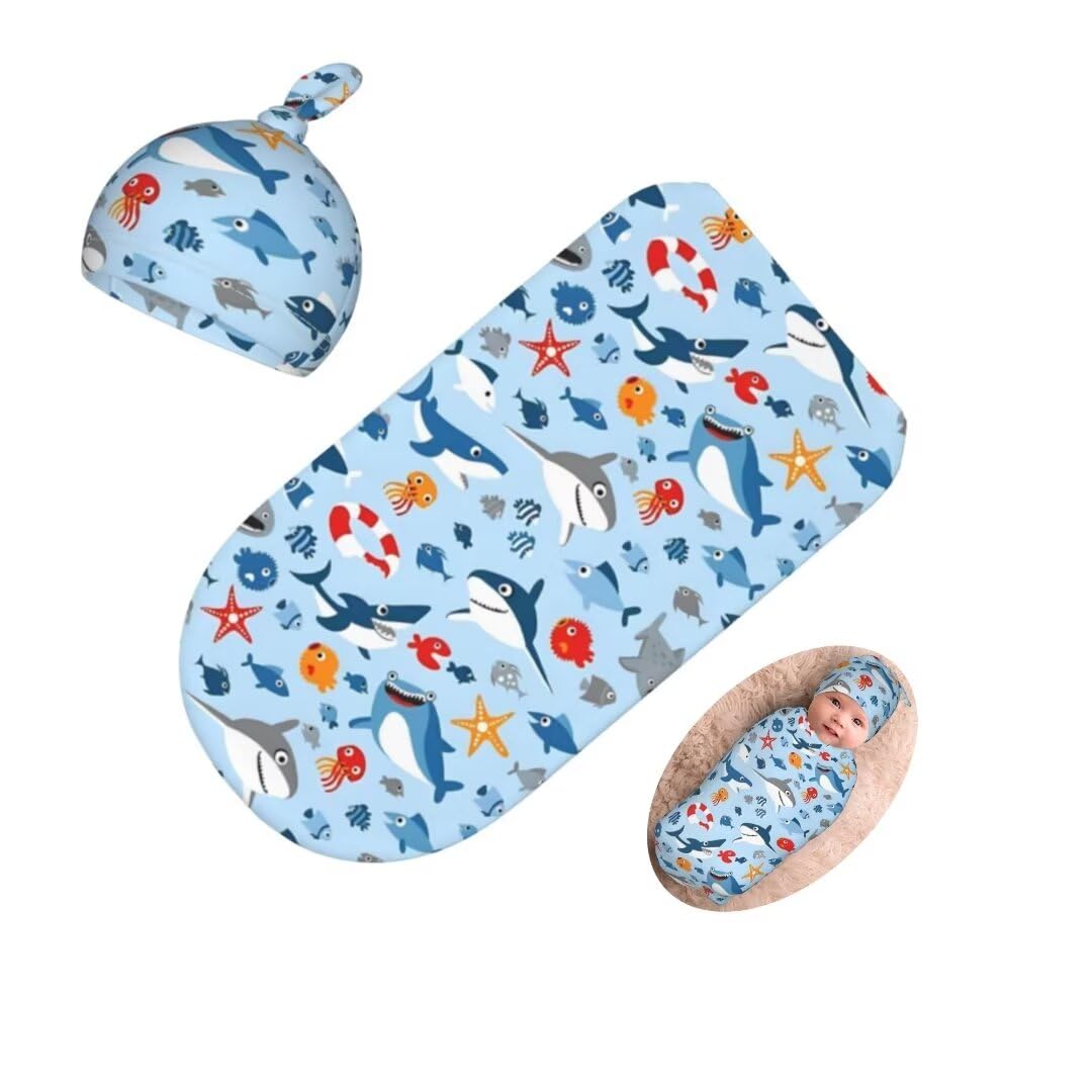 Cartoon Sharks Ocean Newborn Swaddling Blanket Beanie Hat Sets Soft Baby Receiving Funny Blanket Soft Sleeping Bag New Born Soft Sleep Sacks for Boys Girls