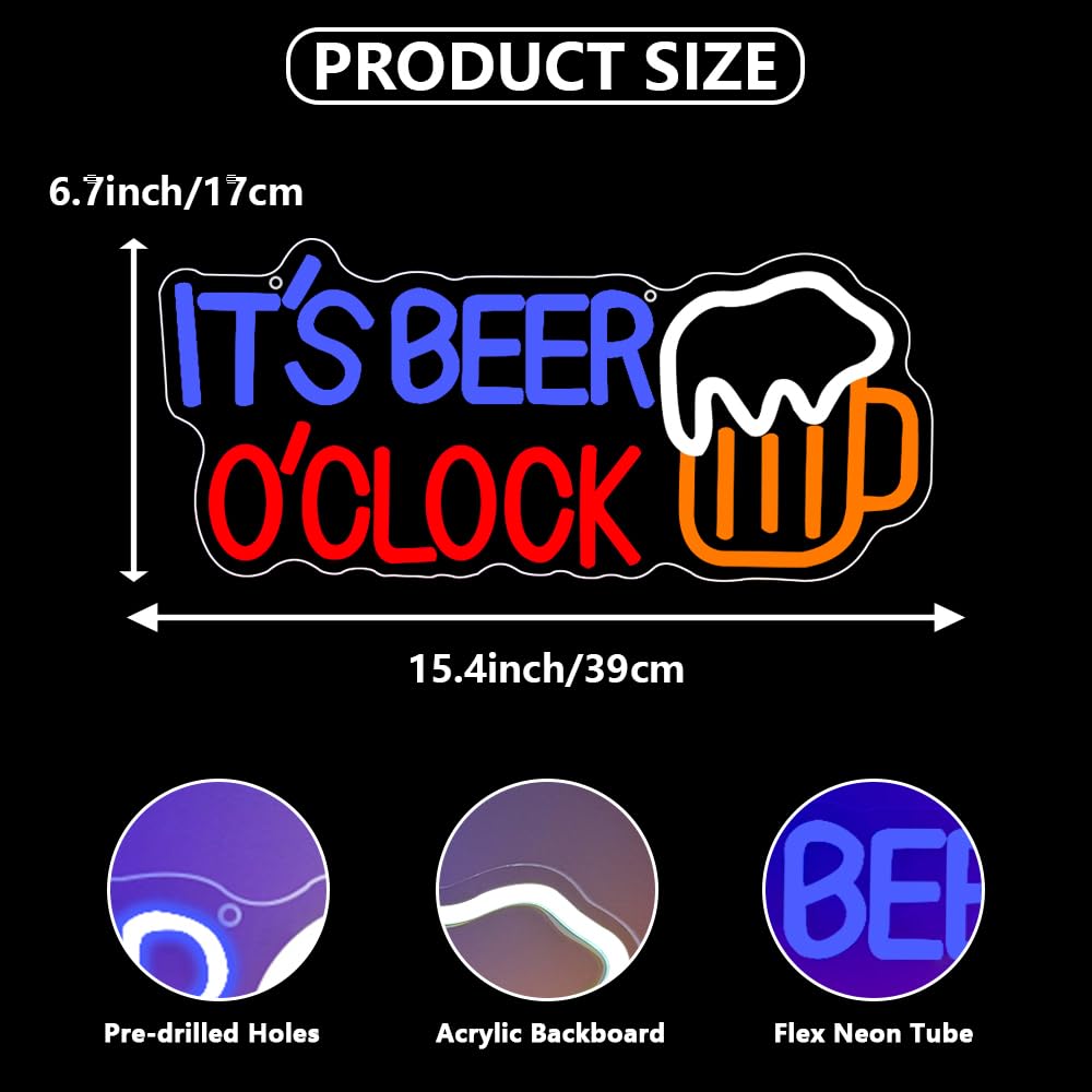 Neon Bar Sign,It's Beer O'clock LED lights for Wall Art Decor,Cheers Dimmable Neon Light Sign Backdrop for Home Bar Bedroom Club Party Man Cave,Pub Signs Gift for Men Women USB Powered(15.4"*6.7") - Image 4