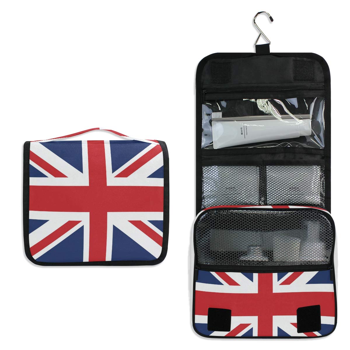 XLING Toiletry Bag British Union Jack Flag Stripe Wash Gargle Bag Travel Portable Cosmetic Makeup Brush Case with Hanging Hook Organizer for Women Men