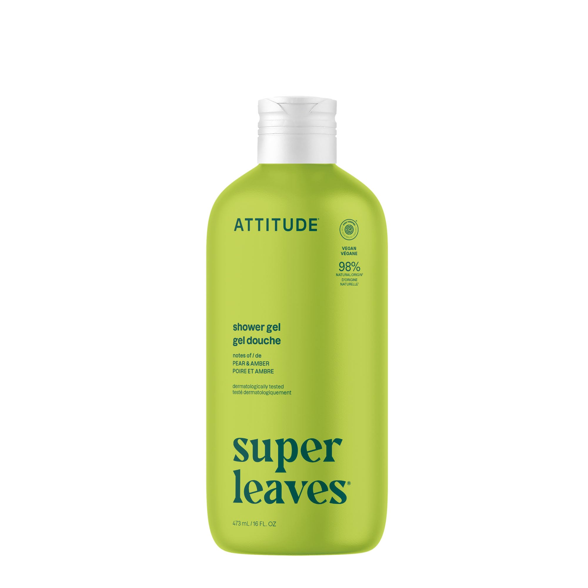 ATTITUDE Body Wash, EWG Verified Shower Gel, Dermatologically Tested, Plant and Mineral-Based, Vegan Personal Care Products, Olive Leaves, 473 mLEWG Verified