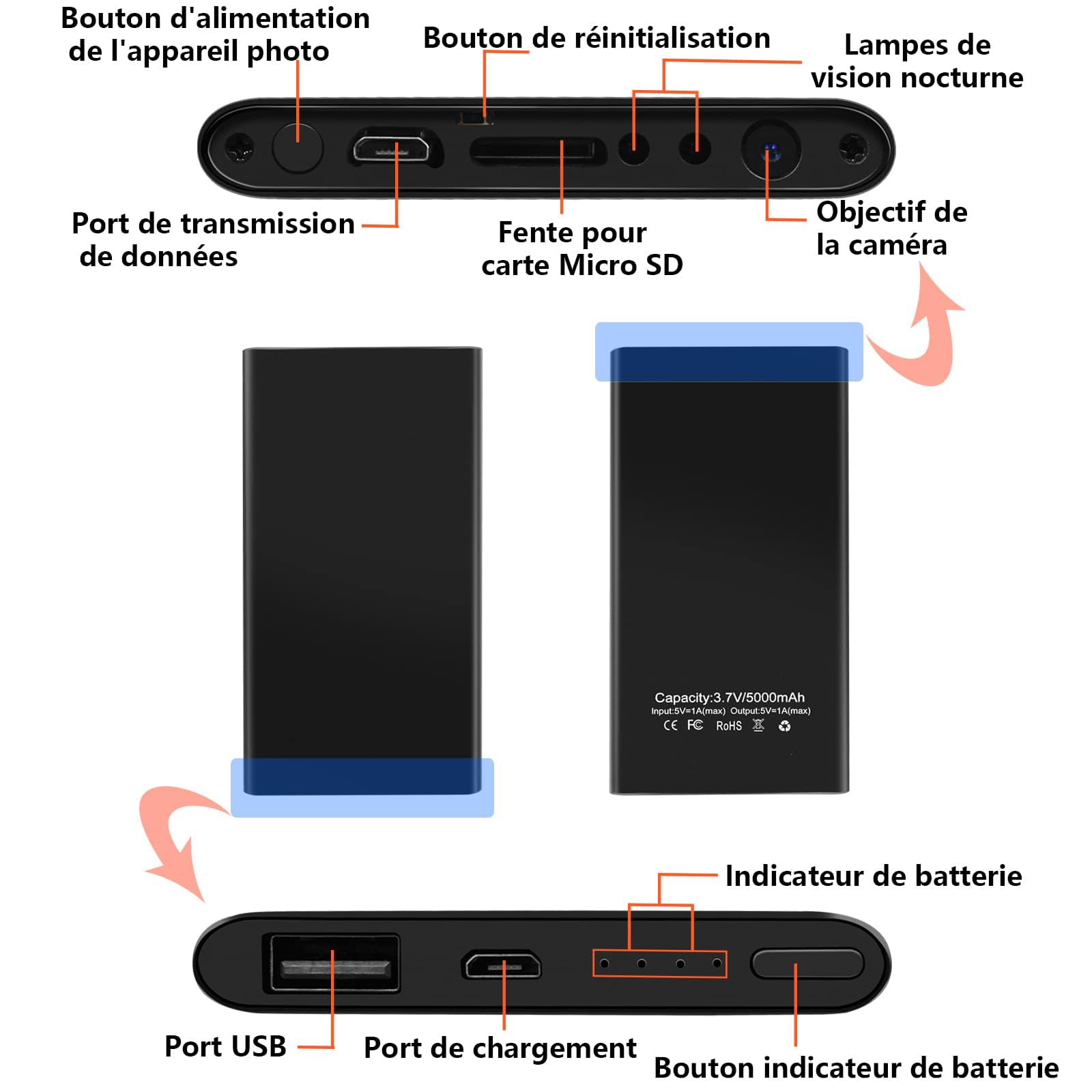 TANGMI Caméra Espion Capteur de Gravité 5000mAh 1080P