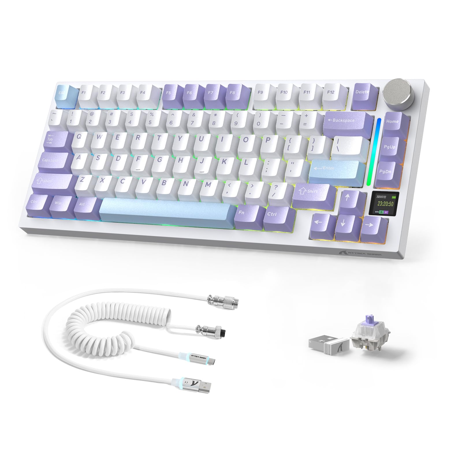 Attack Shark ajazz X820Ultra Wireless Mechanical Gaming Keyboard and Coiled Cable Hot Swappable 2.4GHz/Bluetooth/Wired Keyboard with Screen & Knob RGB Backlit Gasket Mount Gift Switch-Starwhite