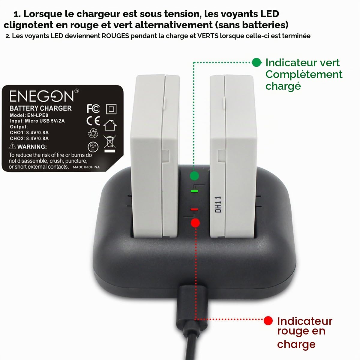 ENEGON Batterie de Rechange (2 Paquets) et Chargeur Double Rapide pour Canon LP-E8 et Canon EOS Rebel T2i, T3i, T4i, T5i, EOS 550D, 600D, 650D, 700D, Kiss X4, X5, X6, LC-E8E Appareil Photo numérique