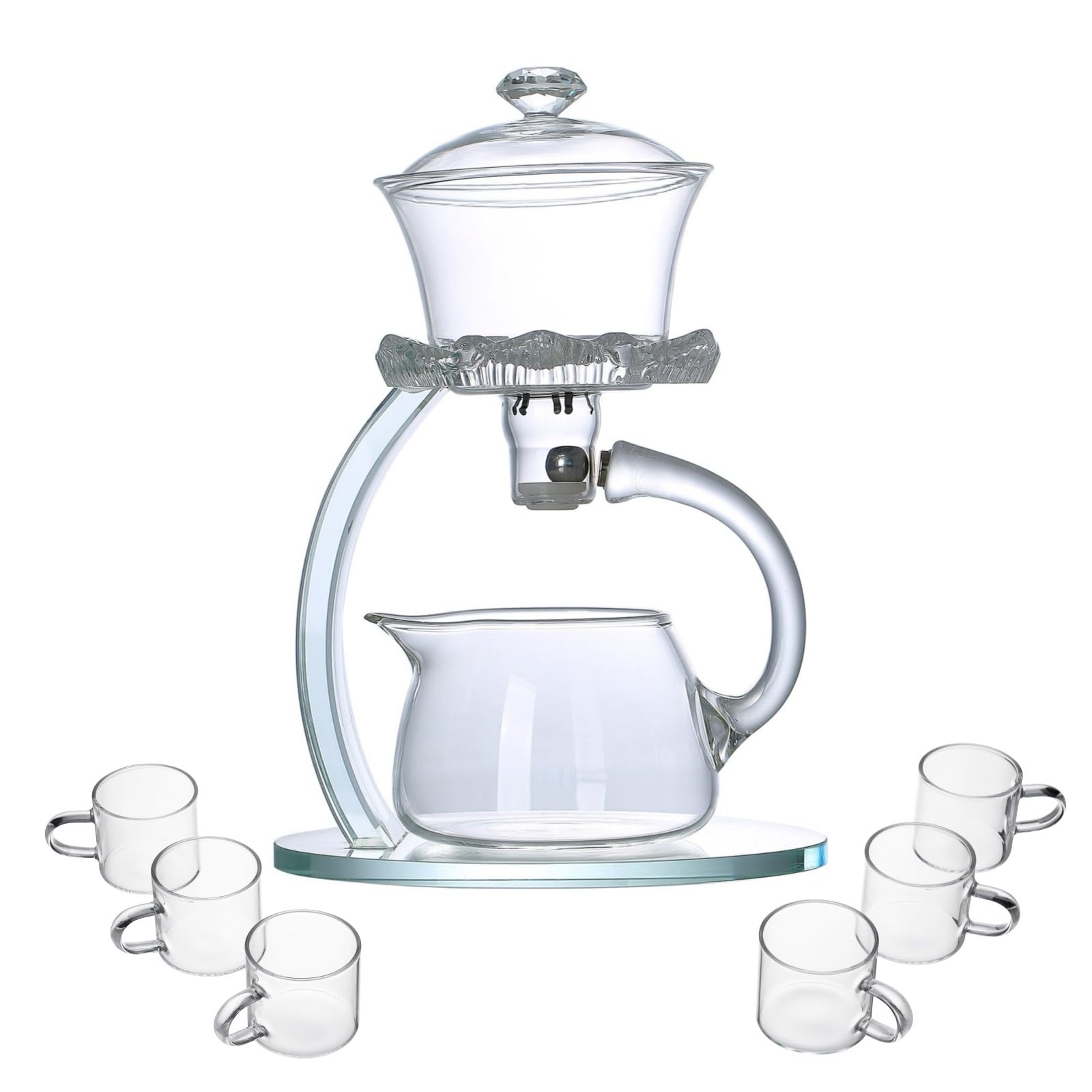 Półautomatyczny szklany czajniczek, Lazy Kungfu Drip Teapot z zaparzaczem, wzór kwiatu lotosu, żaroodporny szklany zestaw do herbaty, odpowiedni do recepcji domowej/biurowej (przezroczysty,