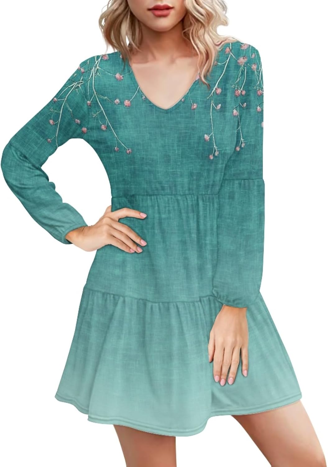 Floral Dress for Women Lantern Sleeve V Neck Plus Size Smocked Swing Flowy Ruffle Fashion Casual Holiday Midi Dress - Image 5