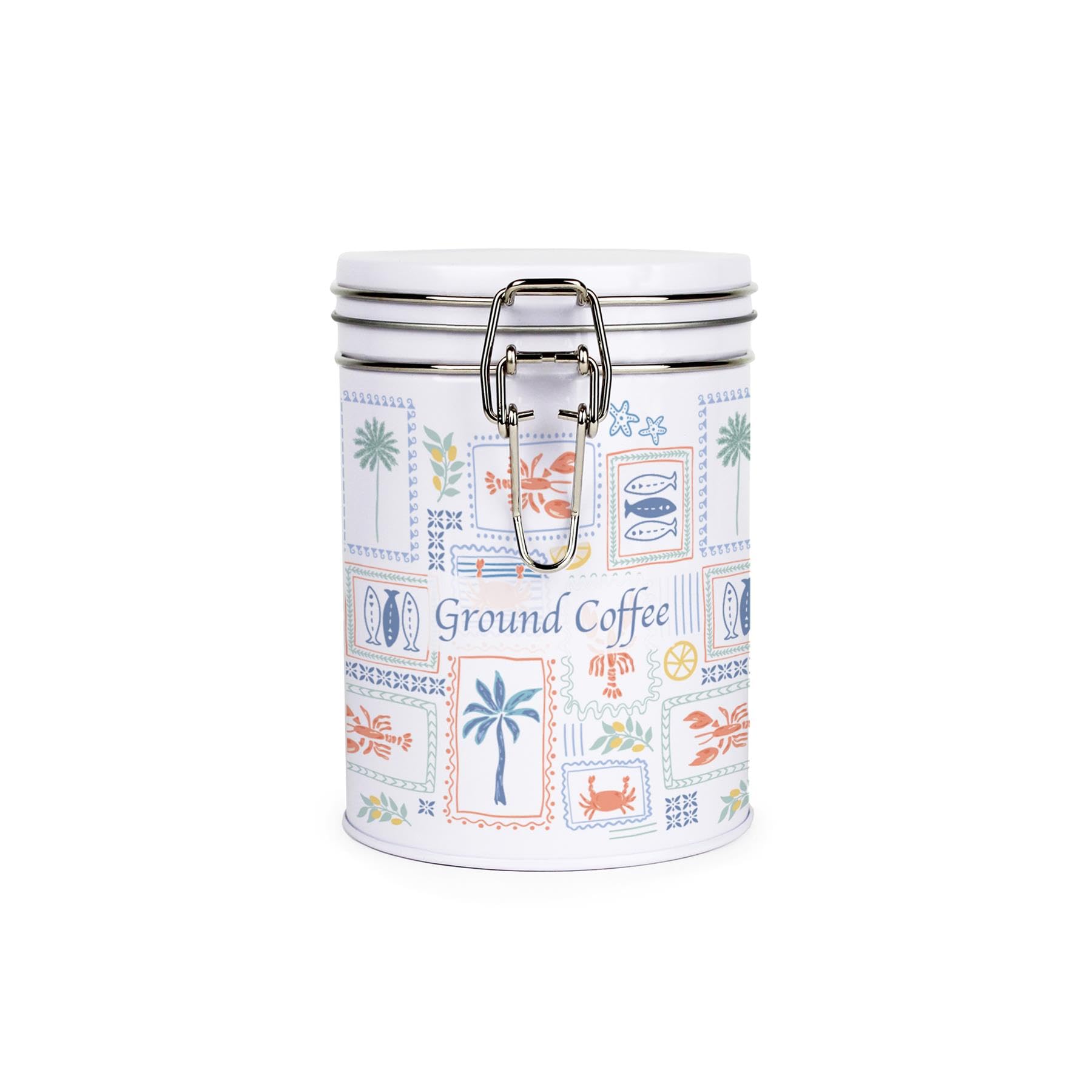 Purely Home Mediterranean Summer Ground Coffee Canister - Metal Clip Lid Kitchen Storage Container Gift 700ml (13cm x 9.5cm)