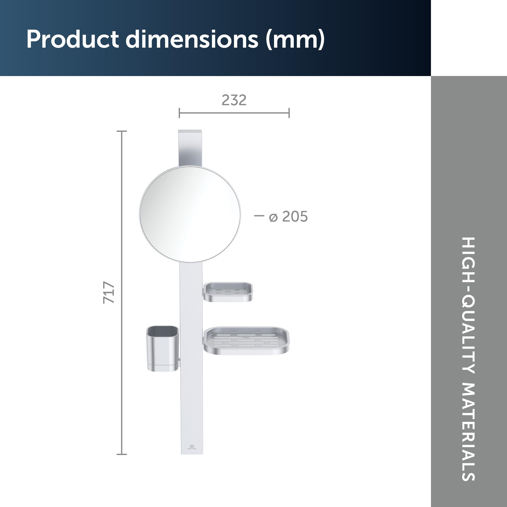 Ideal Standard Alu+ Beauty Bar, Accessoires-Kombination S, mit Ø 205 mm Kosmetikspiegel (3-Fach Vergrößerung) und verstellbaren Ablagen, aus 100% recyceltem Aluminium – Silber (310.5x160x717 mm)
