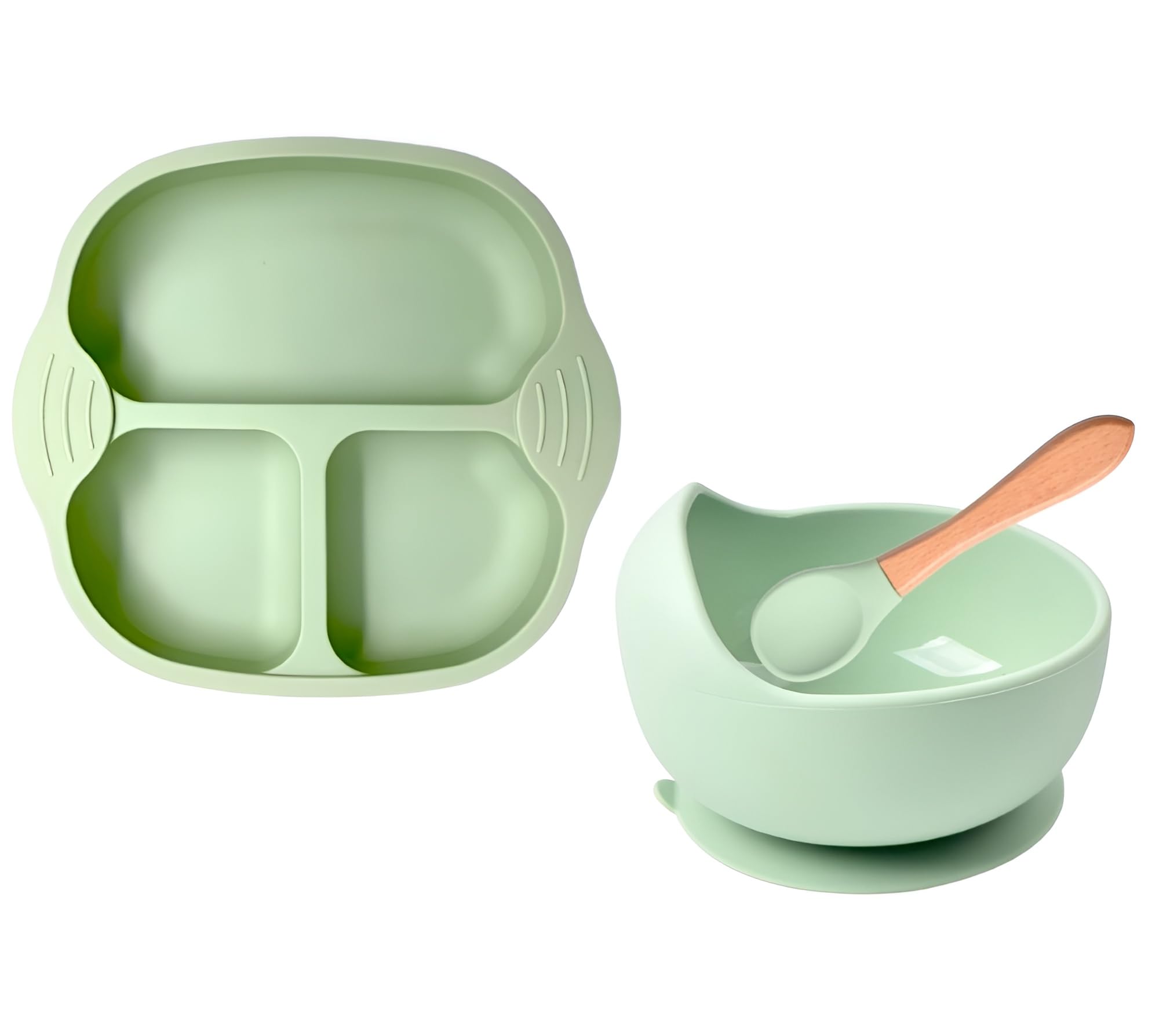 VELINEX® Silicone Baby and Toddler Feeding Set, Suction Bowl Divided Plate Wooden Handle Spoon, Unbreakable Non-Slip Suction, Microwave & Dishwasher Safe (Green 3 PCS Set)-image-24